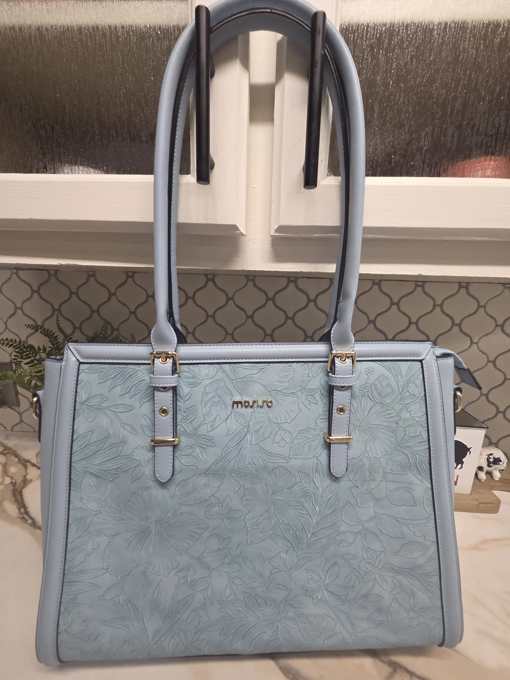 NWOT Mosiso Light Blue Floral-Embossed Women's Laptop Tote/crossbody Bag
